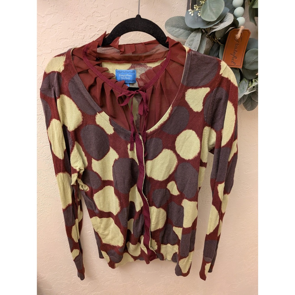 Simply Vera Vera Wang Polka Dot Cardigan Ruffle Neck Burgundy‎ Green XL